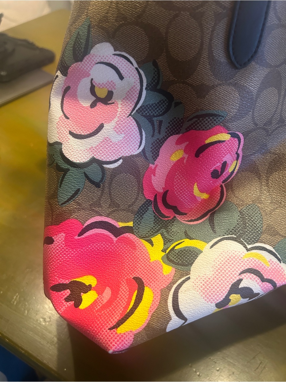Coach Brown Signature Canvas Floral Tote with Pink & Yellow Blooms - Picture 7 of 9